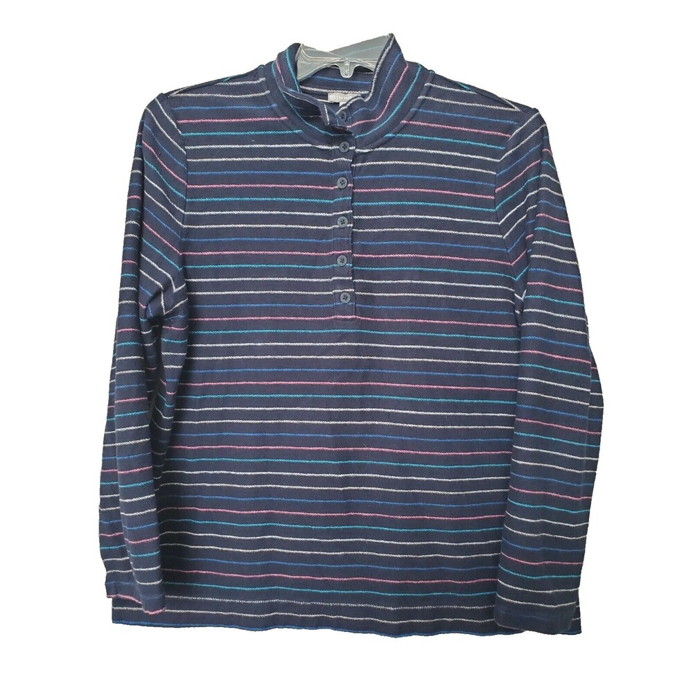 T by Talbots 100% Cotton Multicolor Stripe Navy Mock Neck Sweatshirt Size XL